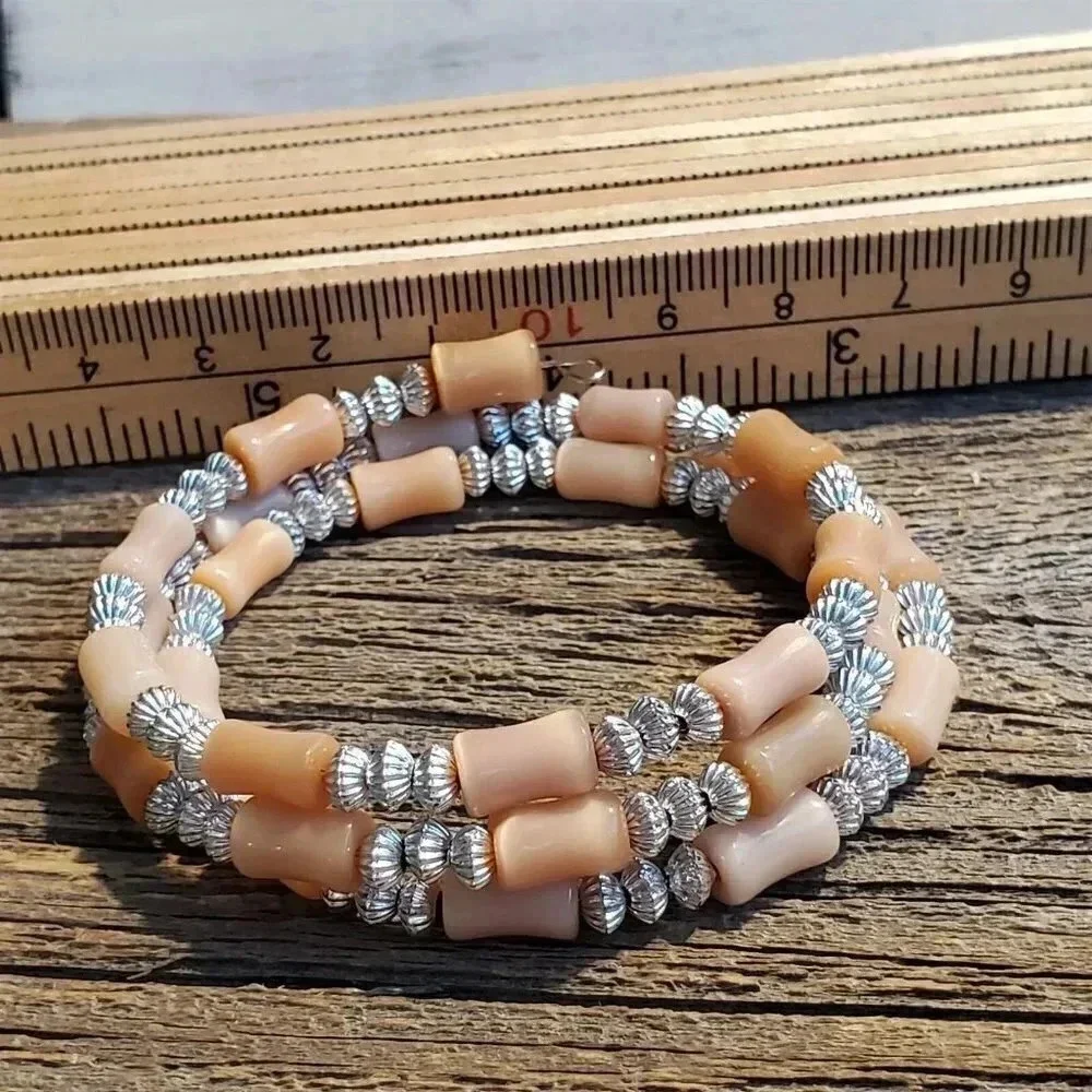 Cat's Eye Glass Vintage Beads Light Peach Pink Memory Wire Wrap Bangle Bracelet